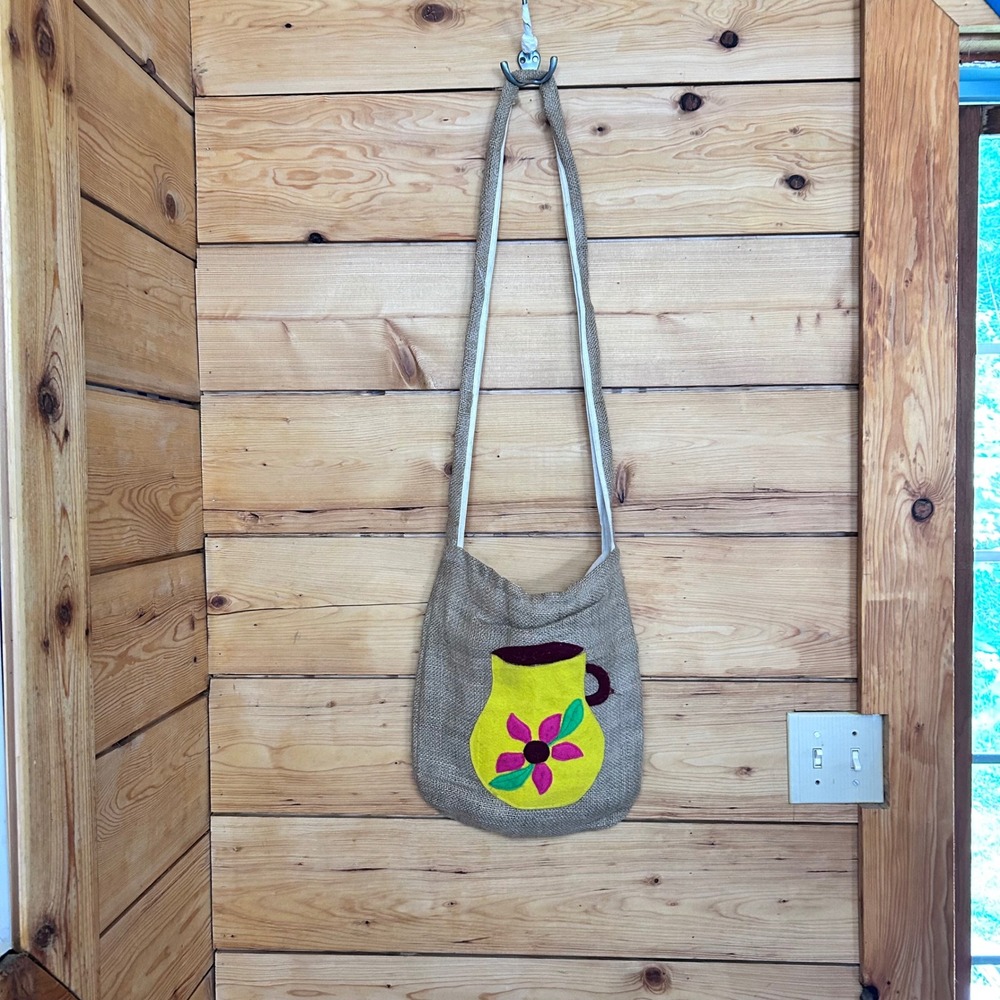 Vintage Burlap Crossbody Bag Large Tan Yellow Pitcher Flower Felt Applique Boho
